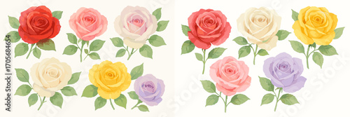 Vibrant blooming roses in red, pink, yellow, cream, and purple hues with fresh green foliage, a beautiful floral arrangement perfect for spring and summer designs