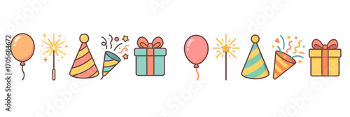 Festive celebration elements set including colorful balloons, wrapped gifts, party hats, sparkling sparklers, and confetti poppers