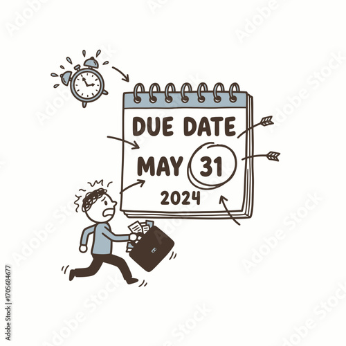 A stressed businessman runs away from a looming May 31, 2024 deadline.
