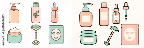 Variety of essential skincare products and beauty tools for a complete daily self-care regimen and healthy skin