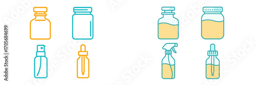 Collection of various cosmetic and medical liquid containers including spray bottles, dropper bottles, and jars