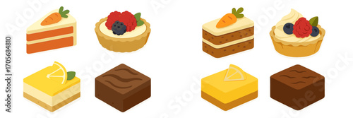 Assortment of delicious sweet desserts including carrot cake, berry tarts, lemon bars, and chocolate brownies, a gourmet selection