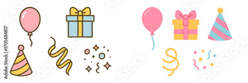 Collection of colorful party celebration elements including balloons, gift boxes, party hats, streamers, and confetti