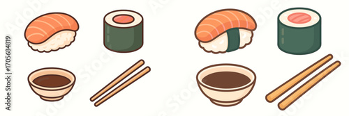 Collection of popular Japanese sushi dishes featuring salmon nigiri, seaweed wrapped maki rolls, and essential dining accessories