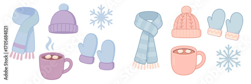 Assortment of cozy winter clothing accessories including scarves, hats, mittens, and warm beverages with marshmallows and decorative snowflakes