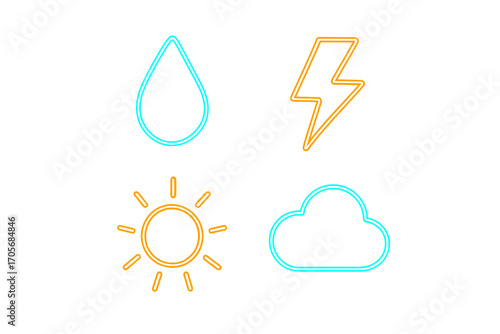 Vibrant neon outlines of essential weather elements and energy symbols including sun, cloud, water drop, and lightning