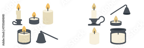 Collection of burning candles, tea lights, pillar candles, and candle snuffers with holders for home decor and ambiance