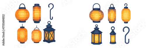 Traditional Asian paper and metal lanterns with glowing light and decorative hooks for festive occasions
