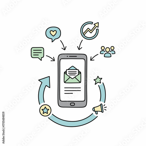 Smartphone displaying email, surrounded by icons representing communication, marketing, and social engagement.