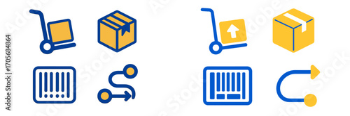 Shipping and delivery logistics icons set featuring various symbols for transportation, packaging, tracking, and returns