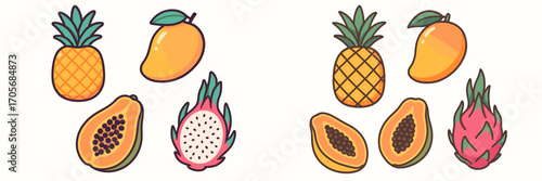 Assortment of colorful tropical fruits including whole and sliced pineapple, mango, papaya, and dragon fruit