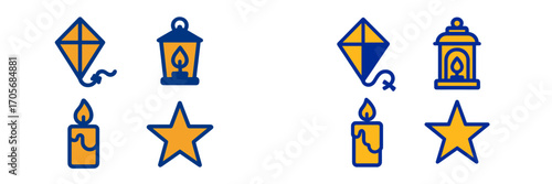 Holiday and celebration themed collection with a kite, glowing lantern, lit candle, and a five-pointed star