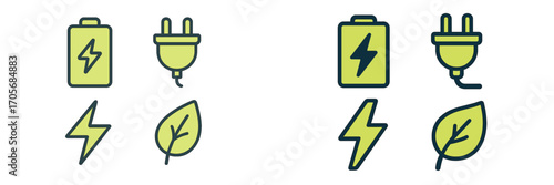 Eco-friendly green energy and power icons with battery, plug, lightning, and leaf symbols