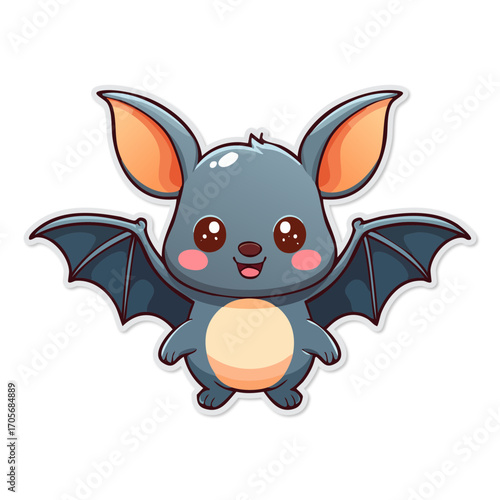 Cute cartoon bat flying with its wings spread, isolated on a white backdrop, showcasing a playful and whimsical mood.