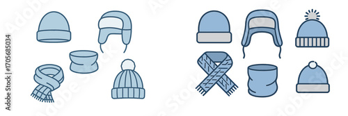 Assortment of warm winter headwear and neckwear including beanies, ear flap hats, snoods, and scarves