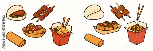 Assortment of popular Asian street food items including bao buns, skewers, takoyaki, spring rolls, and noodles
