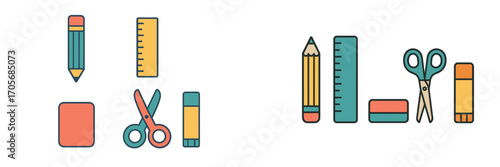 Collection of colorful school and office supplies including pencils, rulers, scissors, erasers, and glue sticks