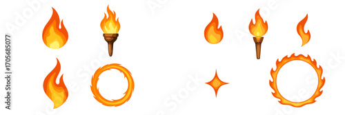 Various stylized fire flames, burning torch, fiery ring, and sparkling heat symbols on white background