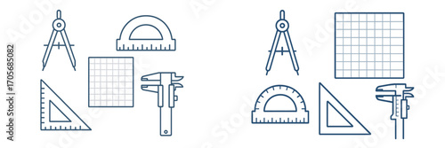 Essential drafting and measurement tools: compass, protractor, ruler, grid, caliper for design and education