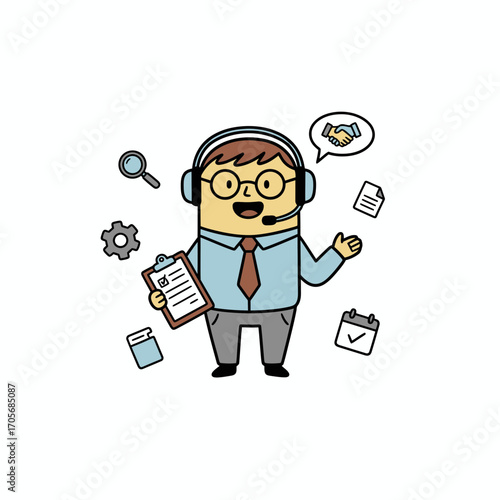Cartoon illustration of a friendly customer service representative holding a clipboard, surrounded by office-related icons.