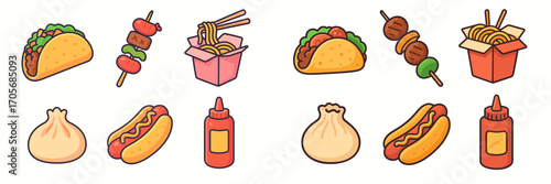 Vibrant delicious fast food and international street food featuring tacos, hot dogs, noodles, skewers, and dumplings