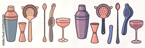 Modern bar tools and sophisticated cocktail glasses for preparing refreshing beverages and hosting parties