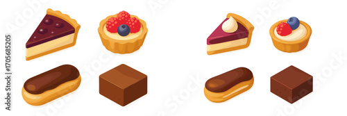 Assortment of sweet bakery treats including cheesecake slices, berry tarts, chocolate eclairs, and rich brownies