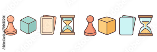 Assortment of classic board game elements including pawns, dice, playing cards, and hourglasses