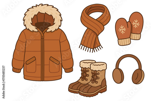 Essential winter clothing and accessories collection with a warm jacket, scarf, mittens, boots, and earmuffs
