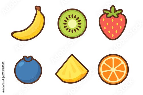 Assortment of vibrant healthy fruits including banana kiwi strawberry blueberry pineapple and orange slices