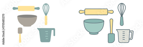 Various essential kitchen baking tools set including rolling pin, whisk, mixing bowl, spatula, and measuring cup for home cooking and pastry preparation
