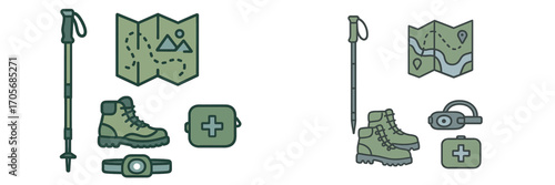 Essential hiking and camping equipment set featuring trekking pole, map, boots, first aid kit, and headlamp
