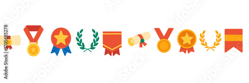 Set of success and recognition symbols including gold medals, honor ribbons, laurel wreaths, and rolled diplomas