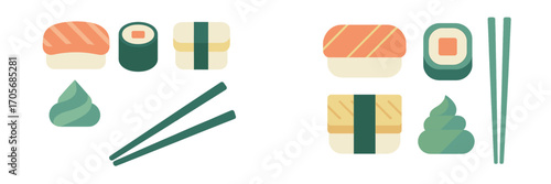 Traditional Japanese sushi rolls, nigiri, and maki with wasabi and chopsticks, ideal for Asian cuisine menu design