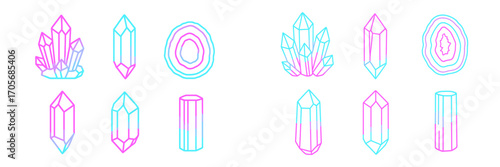 Vibrant neon gradient outline crystals and geodes set featuring various mystical gemstone shapes and forms