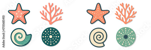 Vibrant collection of stylized marine life elements including starfish, coral, and various seashells in a modern layered paper cut style