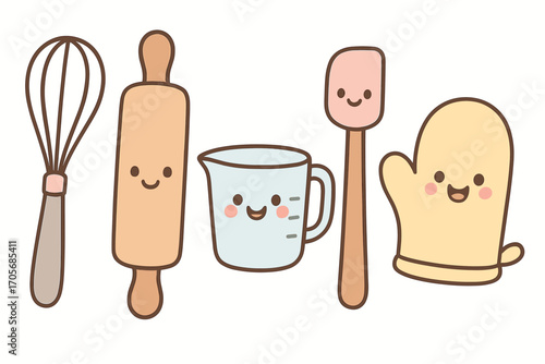 Set of adorable kitchen baking tools with happy faces including whisk rolling pin measuring cup spatula and oven mitt