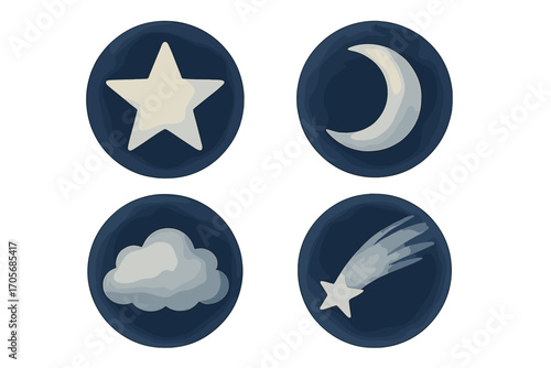 Set of celestial elements with star, crescent moon, cloud, and shooting star icons on a deep blue background