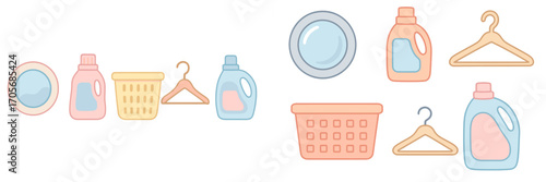 Collection of laundry day essentials including detergent bottles, baskets, hangers, and washing machine doors