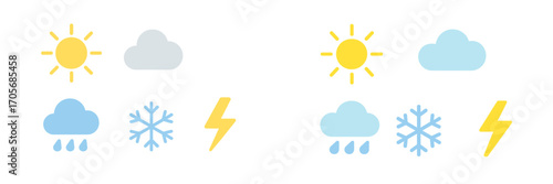 Collection of weather forecast icons with sun, cloud, rain, snowflake, and lightning bolt symbols for meteorological design