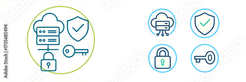 Cloud computing security and data protection with access control icons featuring server, shield, padlock, and key