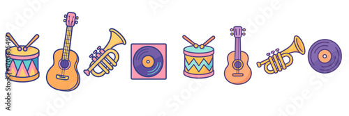 Vibrant collection of musical instruments including drums, guitars, trumpets, and classic vinyl records