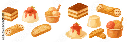 Collection of traditional Italian desserts including tiramisu, panna cotta, gelato, cannoli, and biscotti