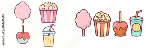 Sweet carnival treats collection with fluffy cotton candy, buttery popcorn, glazed candy apple, and refreshing lemonade drink
