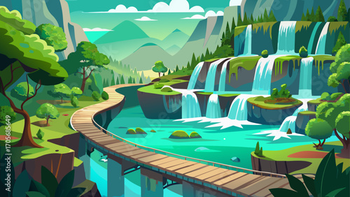 Plitvice Lakes, Croatia, cascade in turquoise terraces through mossy forests, wooden pathways weaving gracefully between waterfalls and emerald pools alive with sparkling sunlight.