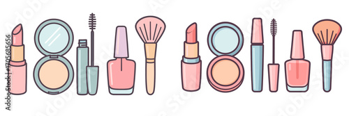 Assortment of beauty products and cosmetic accessories including lipstick, compact powder, mascara, nail polish, and makeup brush