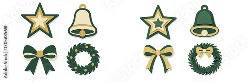 Christmas holiday decorations with stars bells bows wreaths in green and gold paper cut style