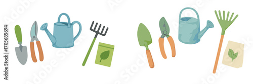 Essential gardening tools for spring planting and horticulture, including watering can, rake, trowel, and shears