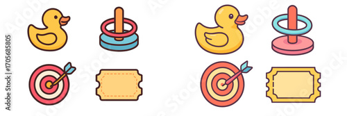 Amusement park game icons featuring rubber ducks, ring toss, dartboard with arrow, and blank admission tickets