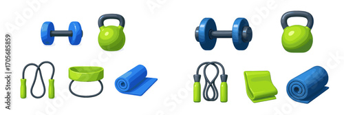 Vibrant collection of essential fitness equipment for various workouts, featuring dumbbells, kettlebells, jump ropes, resistance bands, and yoga mats